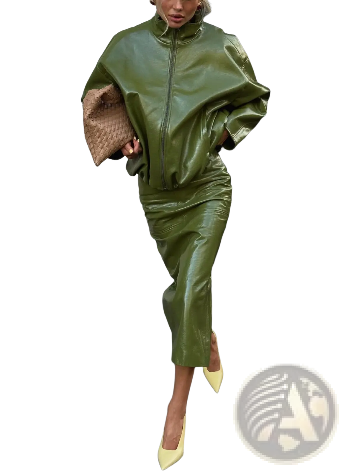 Olive Green Patent Leather Jacket and Midi Skirt Set
