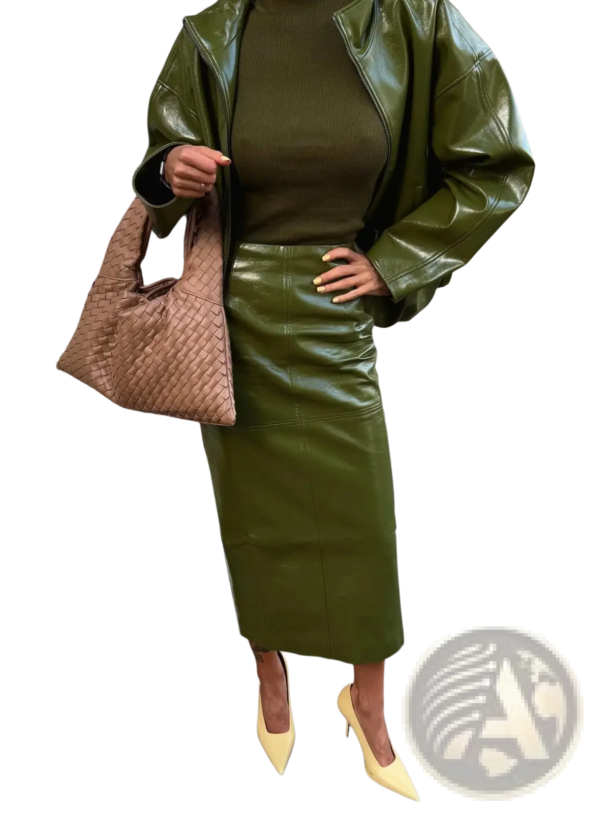Olive Green Patent Leather Jacket and Midi Skirt Set
