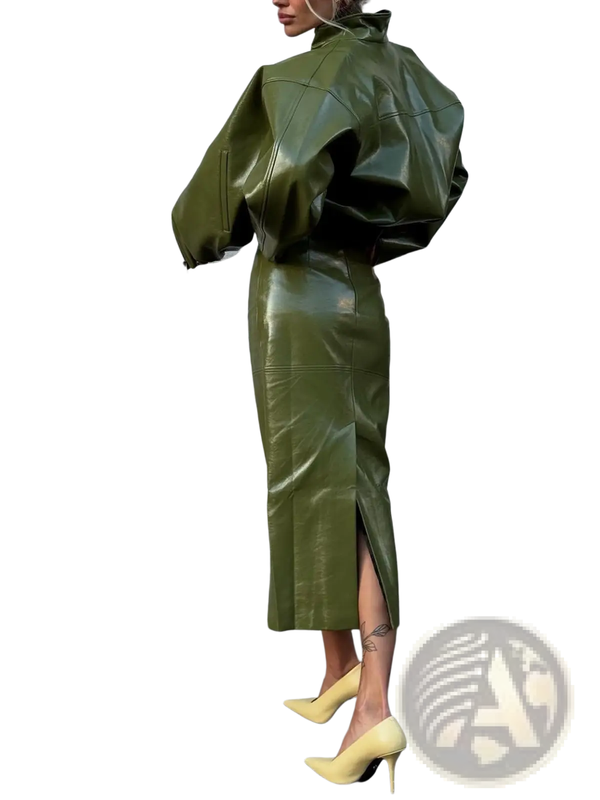 Olive Green Patent Leather Jacket and Midi Skirt Set