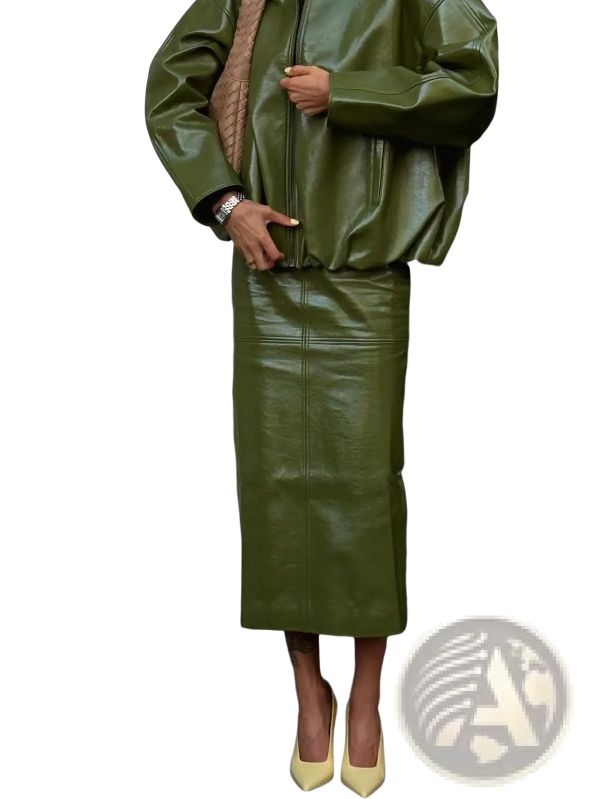 Olive Green Patent Leather Jacket and Midi Skirt Set