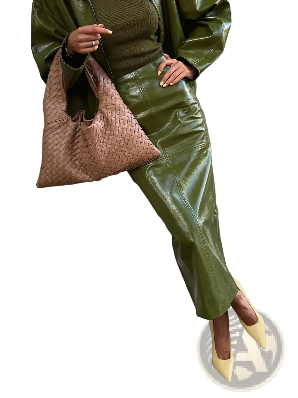 Olive Green Patent Leather Jacket and Midi Skirt Set
