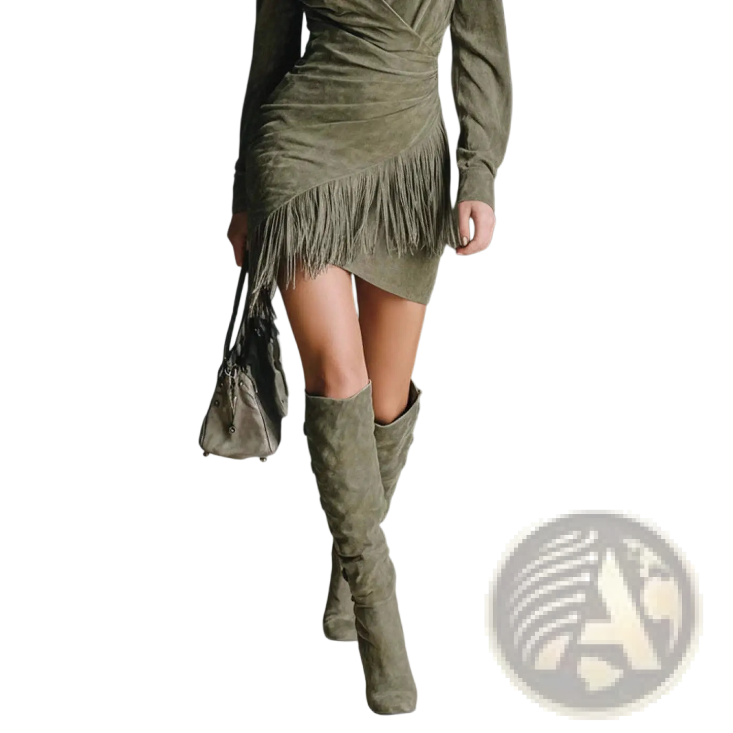 Olive Green Suede Fringed Wrap Long Sleeve Dress