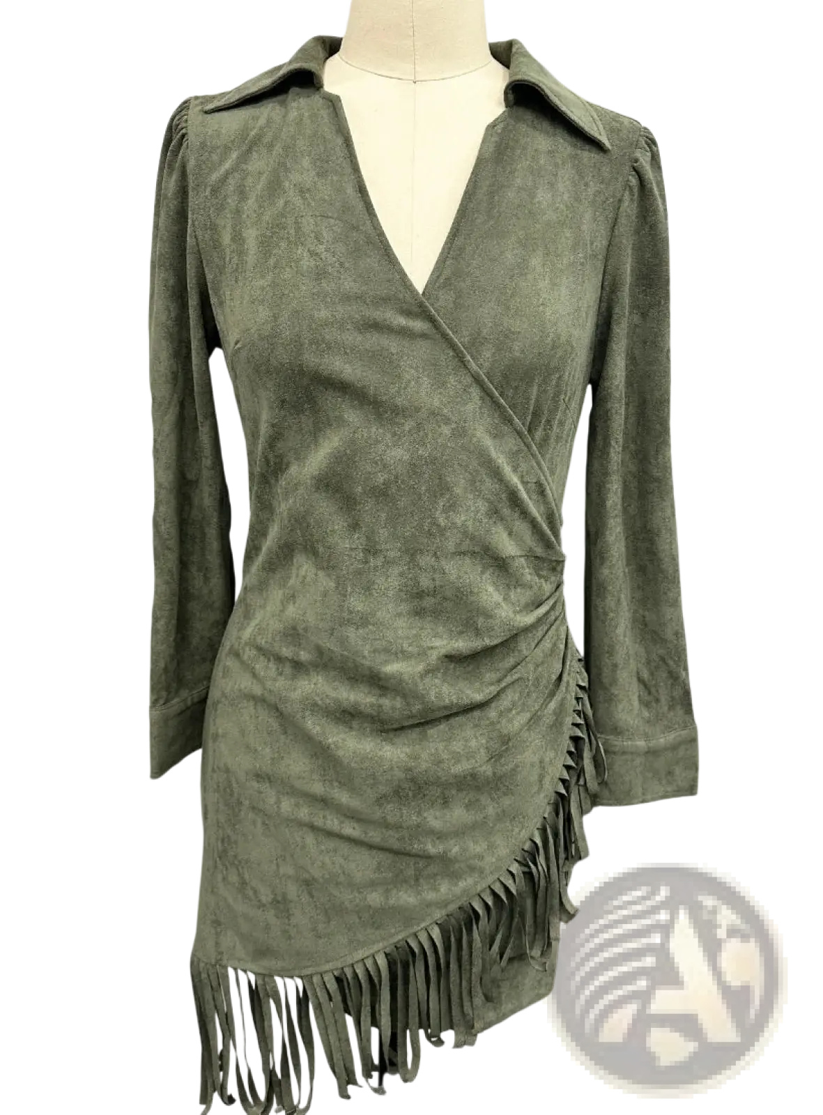 Olive Green Suede Fringed Wrap Long Sleeve Dress