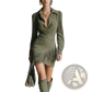 Olive Green Suede Fringed Wrap Long Sleeve Dress