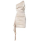 Beige Satin Ruched one Shoulder Backless Mini Dress