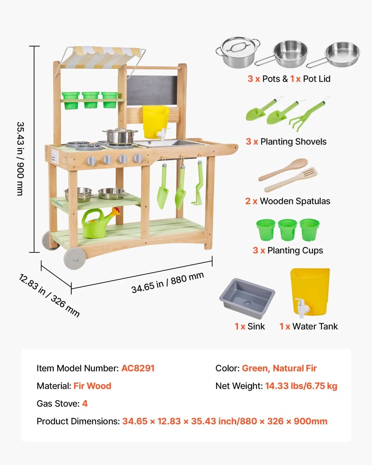 Outdoor Mud Kitchen for Kids with Canopy and Wheels