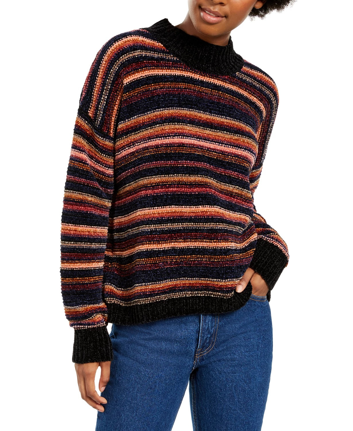 Hippie Rose Junior's Chenille Mock Neck Sweater Black Size X-Large