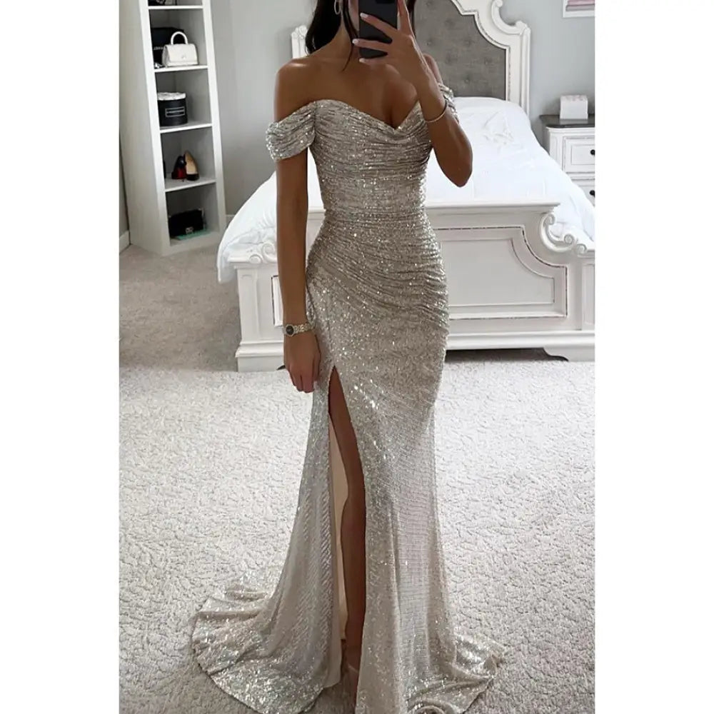 Off the Shoulder Sequin Split Mermaid Gown