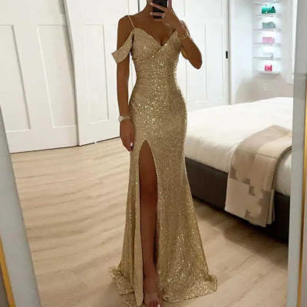 Off the Shoulder Sequin Split Mermaid Gown