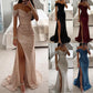 Off the Shoulder Sequin Split Mermaid Gown