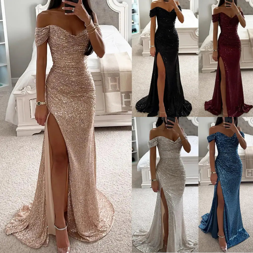 Off the Shoulder Sequin Split Mermaid Gown