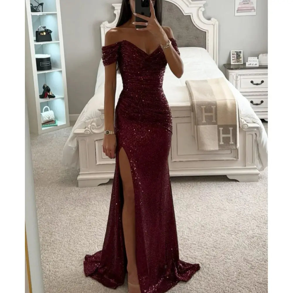 Off the Shoulder Sequin Split Mermaid Gown
