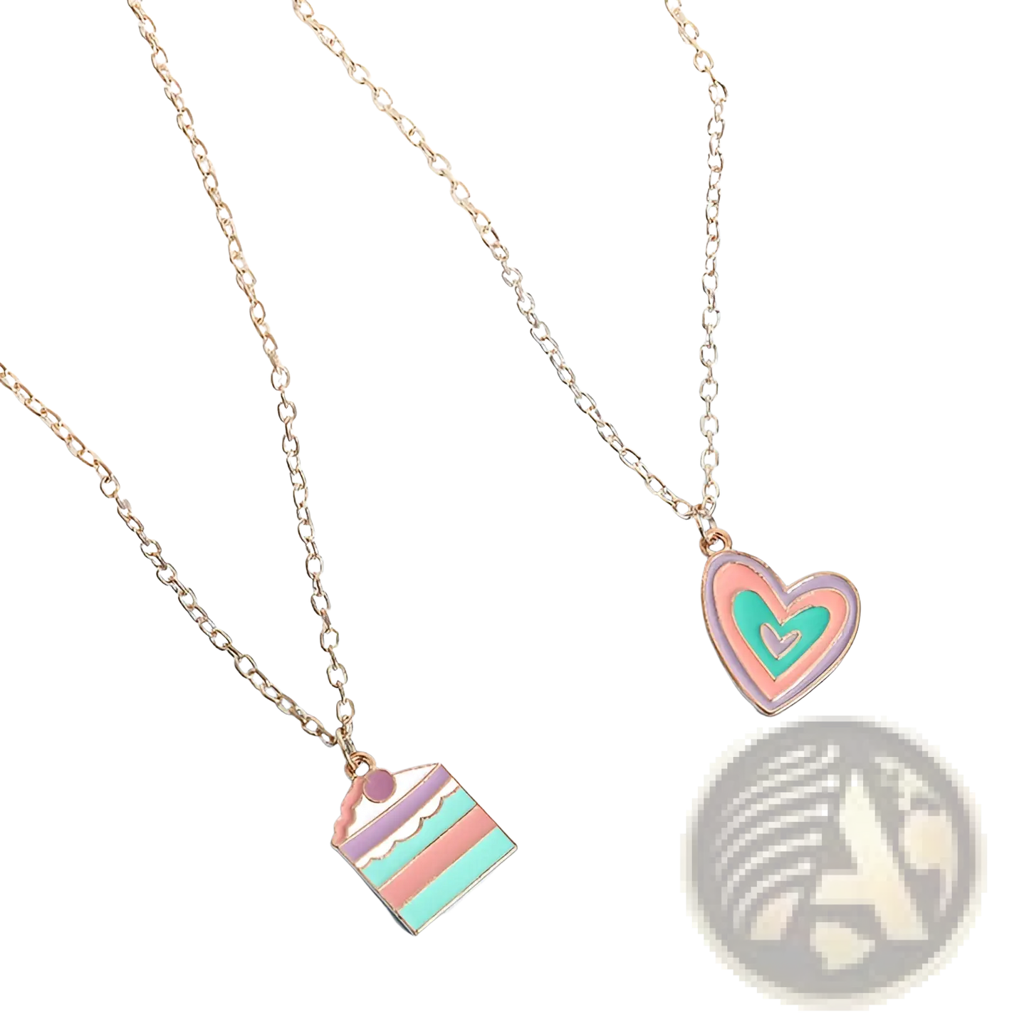 Pastel Enamel Heart and Layered Cake Pendant Necklace Set