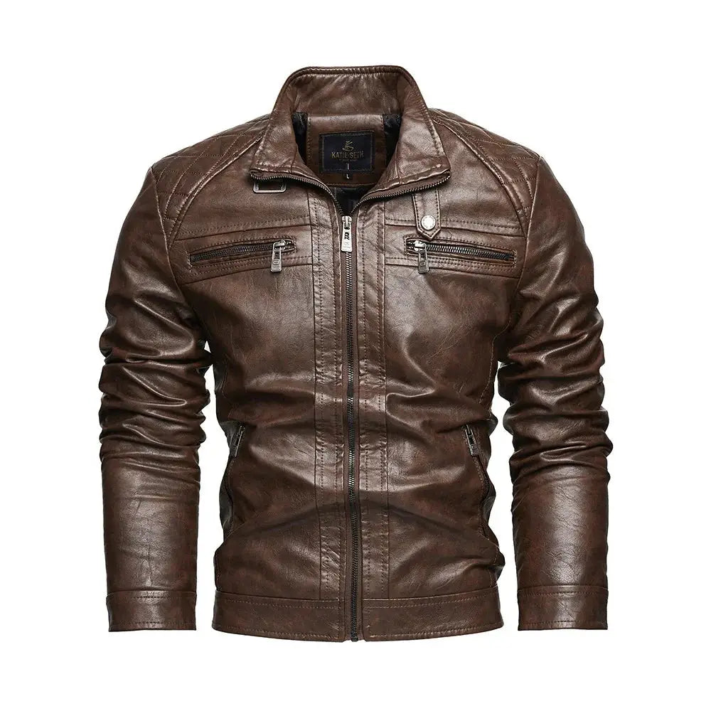 Men's Quilted Black Faux Leather Biker Jacket with Pockets