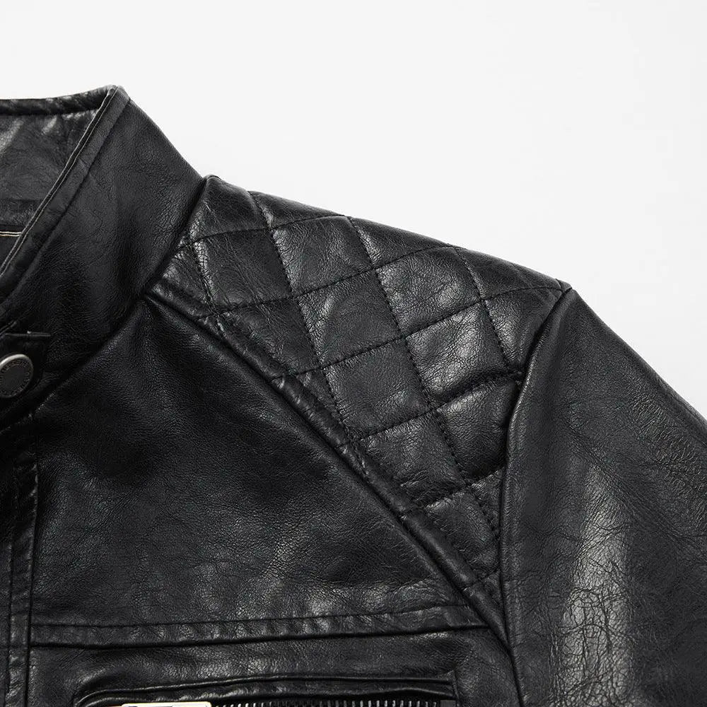 Men's Quilted Black Faux Leather Biker Jacket with Pockets