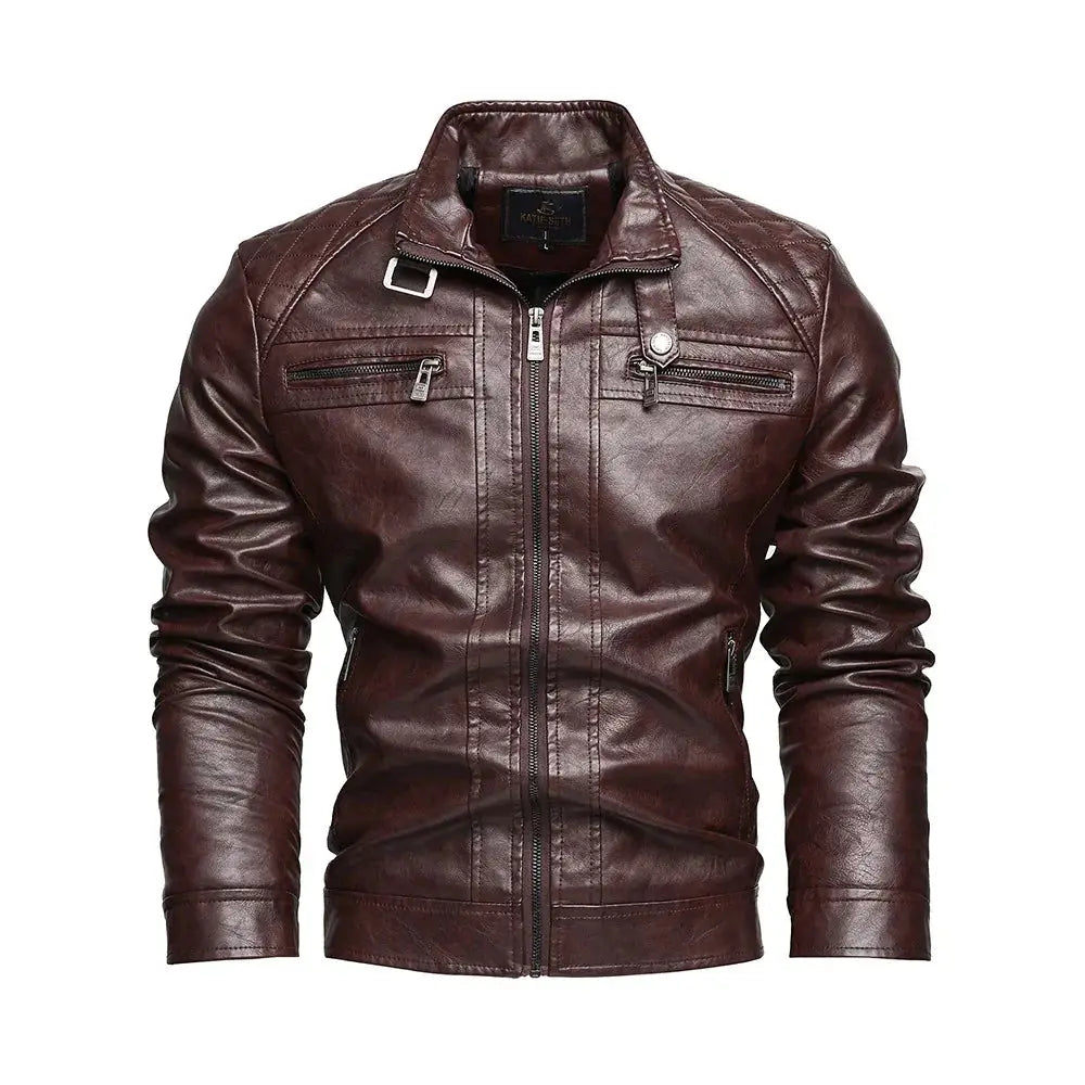 Men's Quilted Black Faux Leather Biker Jacket with Pockets