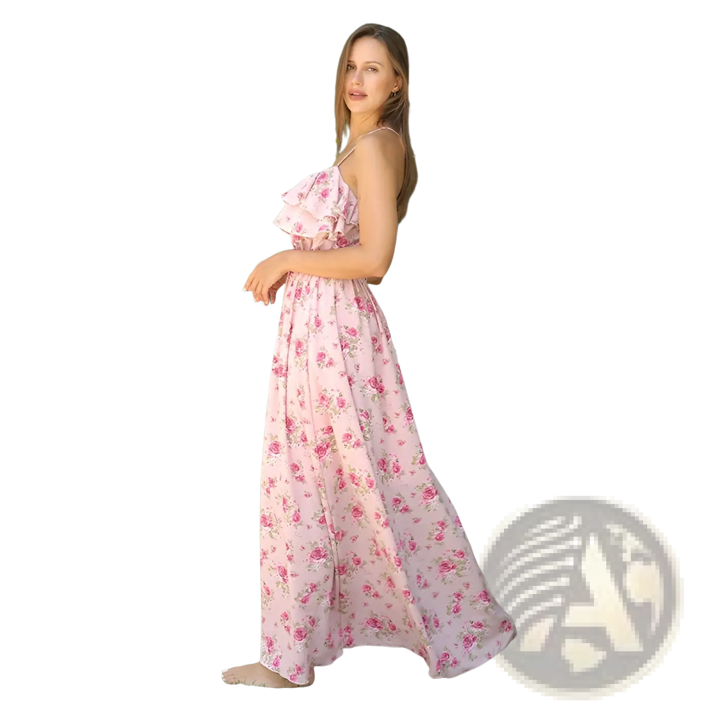Pink Floral Ruffled Maxi Dress with Gathered Bodice