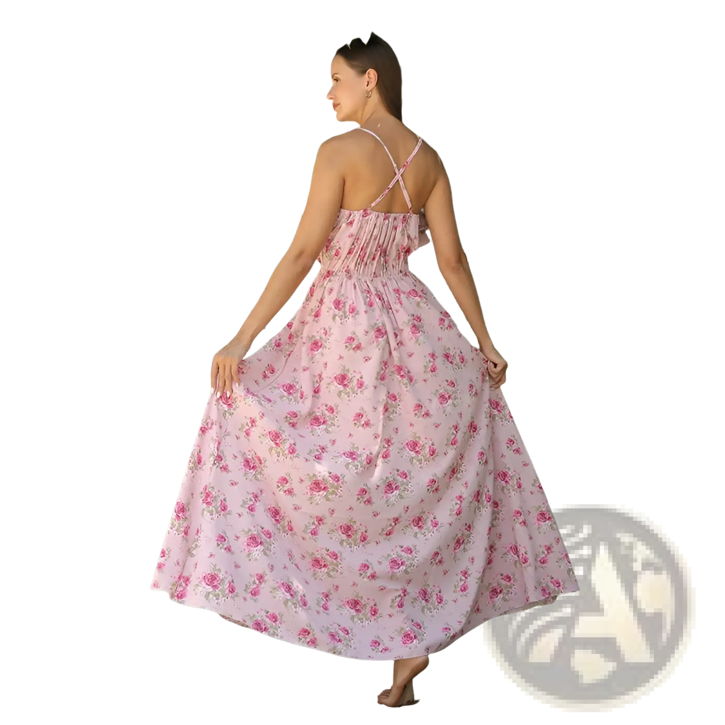 Pink Floral Ruffled Maxi Dress with Gathered Bodice