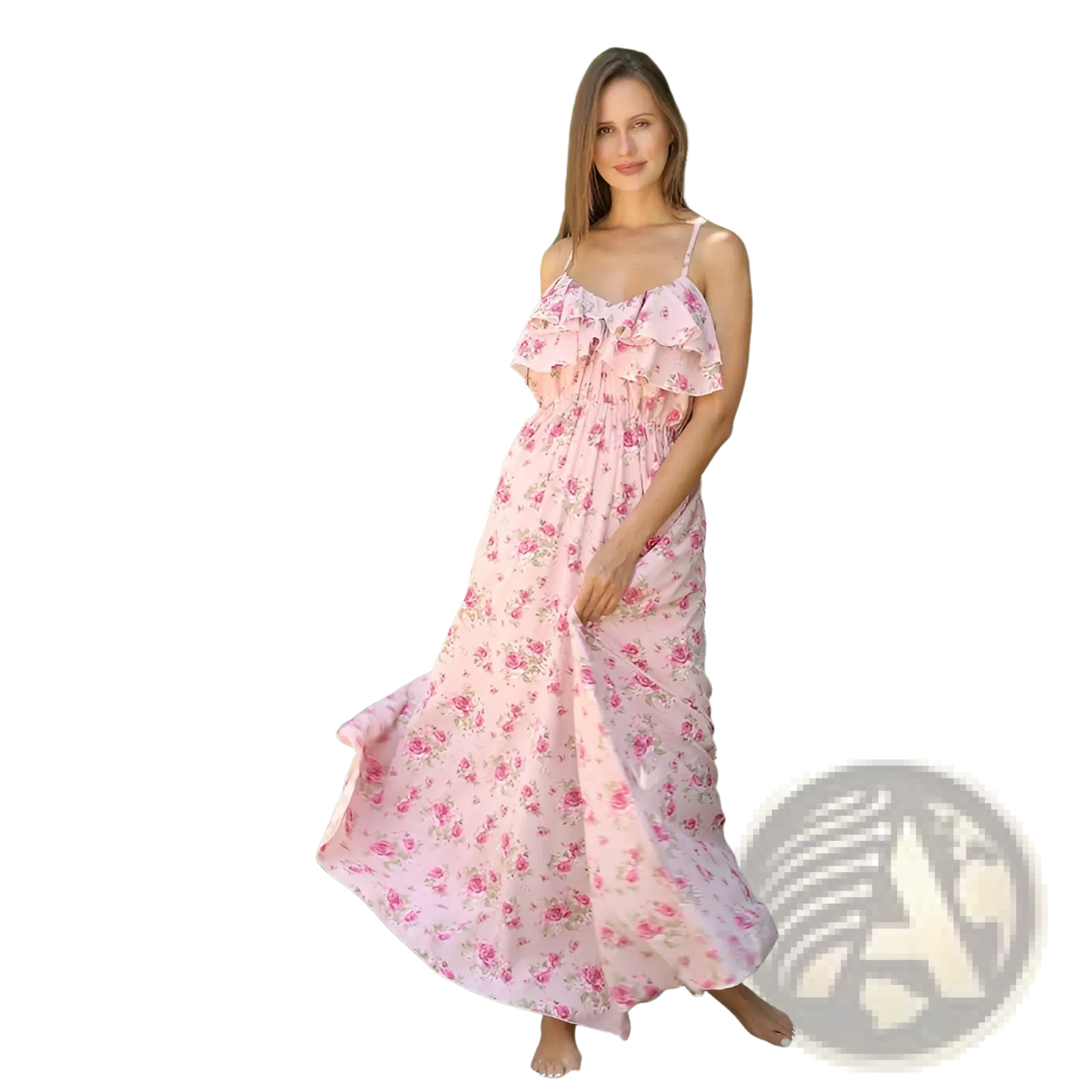 Pink Floral Ruffled Maxi Dress with Gathered Bodice