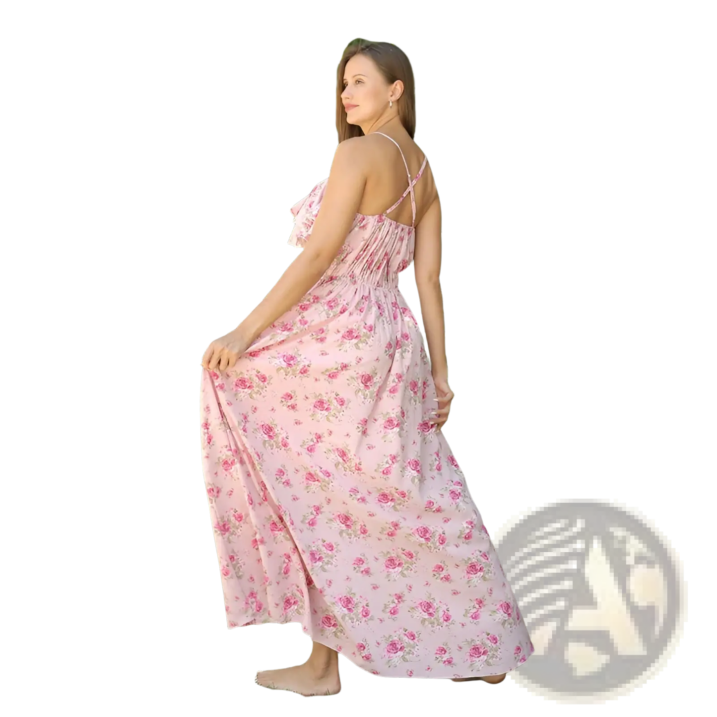 Pink Floral Ruffled Maxi Dress with Gathered Bodice