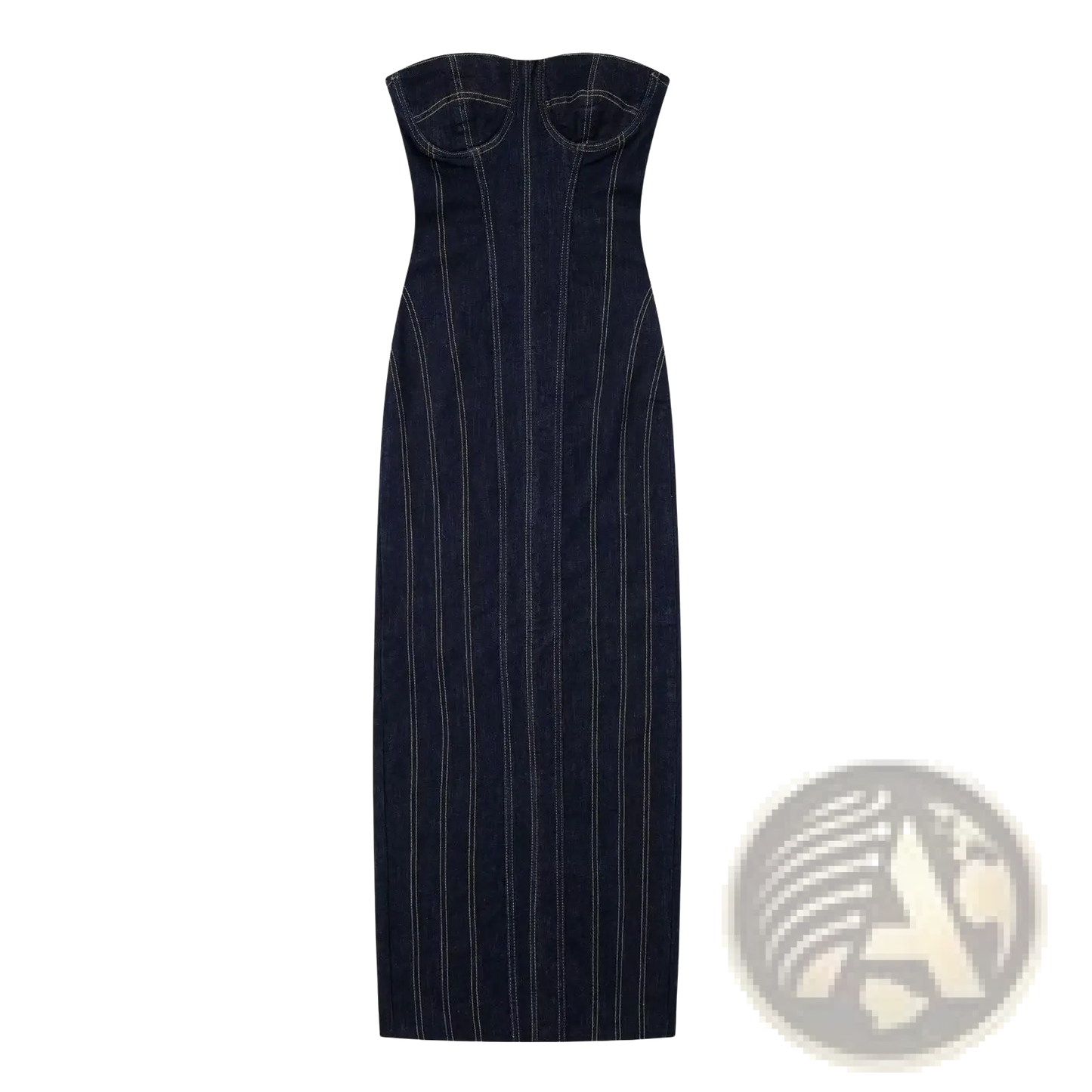 Pinstripe Denim Strapless Midi Dress with Zipper Detail