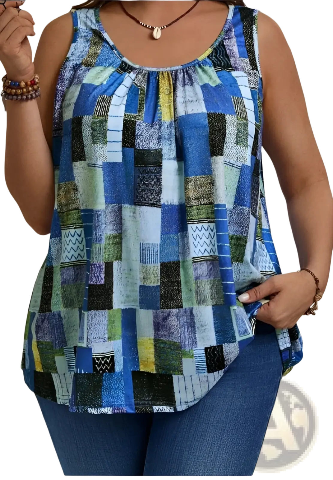 Plus Size Geometric Print Pleated Sleeveless Tank Top
