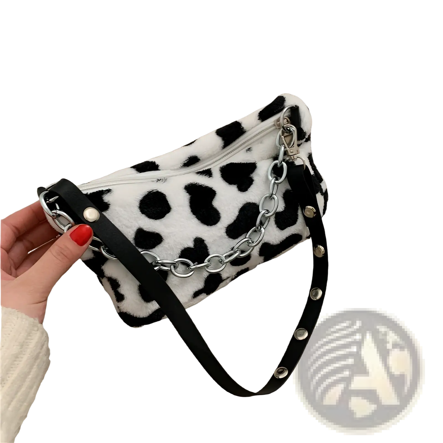 Plush Animal Print Baguette Bag with Silver Chain Strap