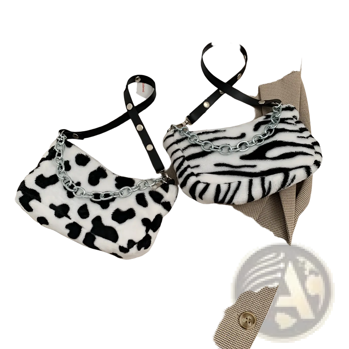 Plush Animal Print Baguette Bag with Silver Chain Strap