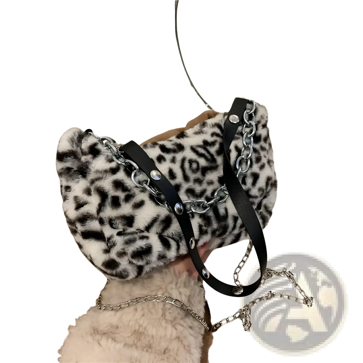Plush Animal Print Baguette Bag with Silver Chain Strap