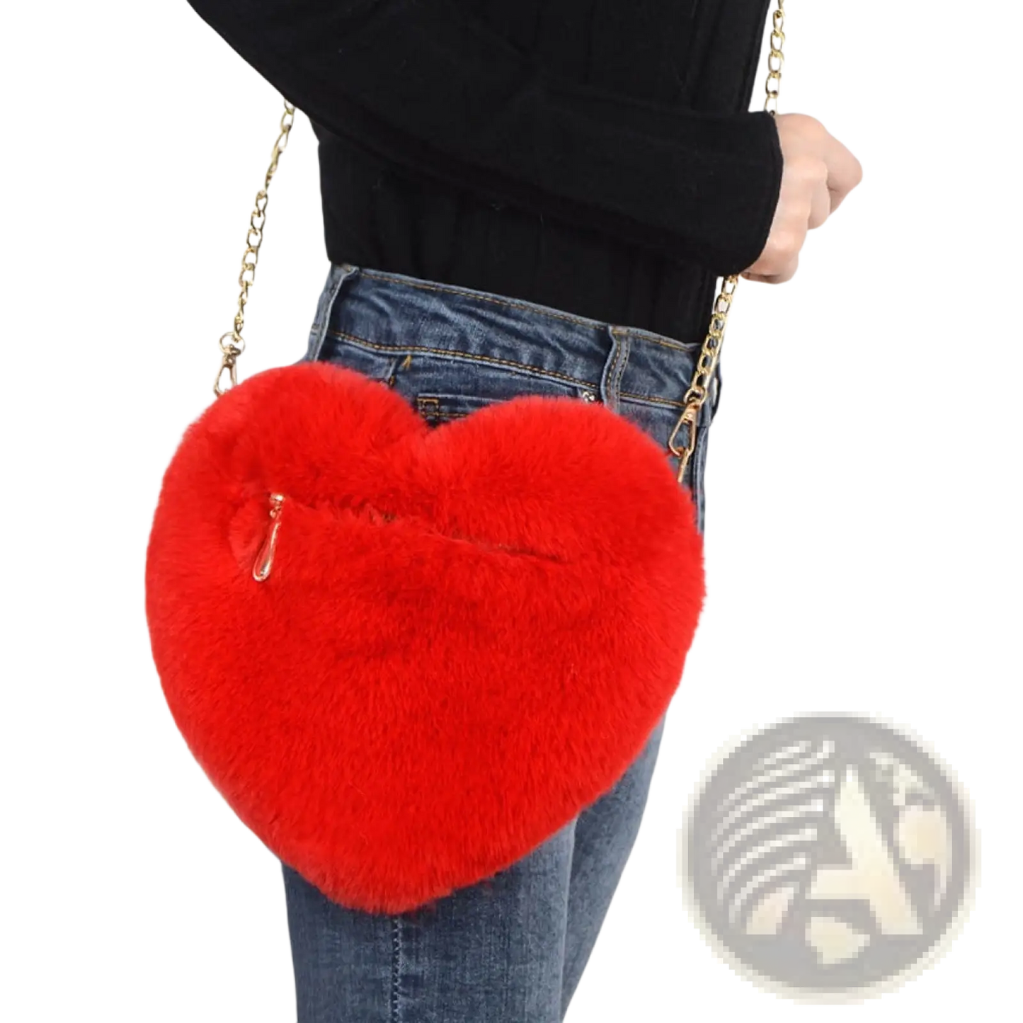 Plush Faux Fur Heart Shaped Crossbody Bag with Gold Chain