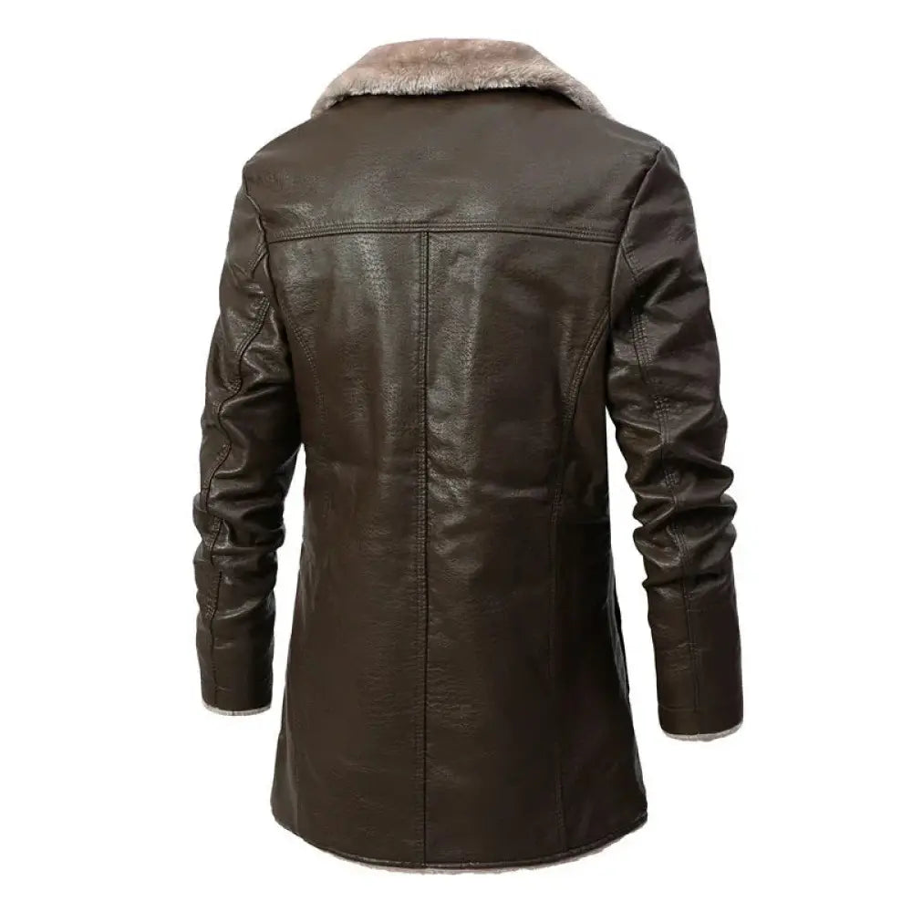 Men's Leather Long Coat with Plush Fleece Lapel