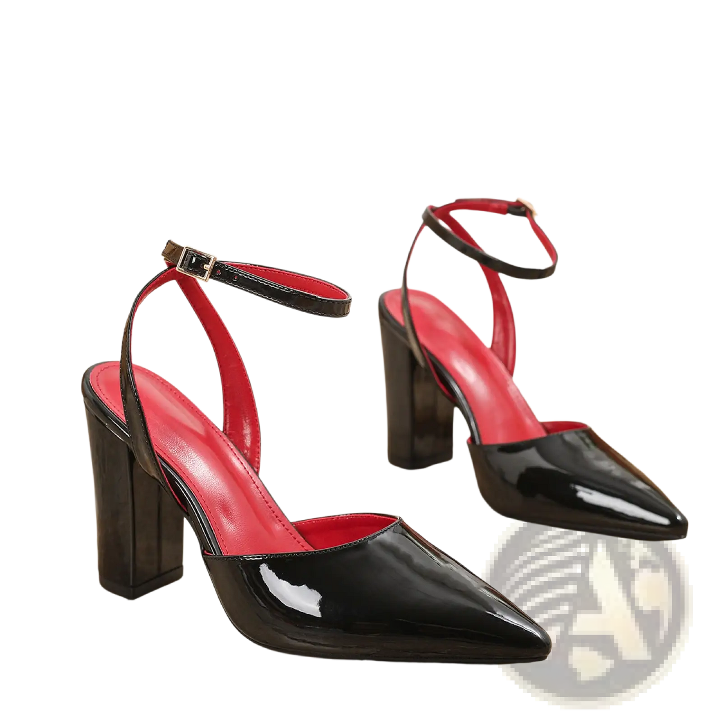 Pointed Toe Ankle Strap Chunky Heel Pumps