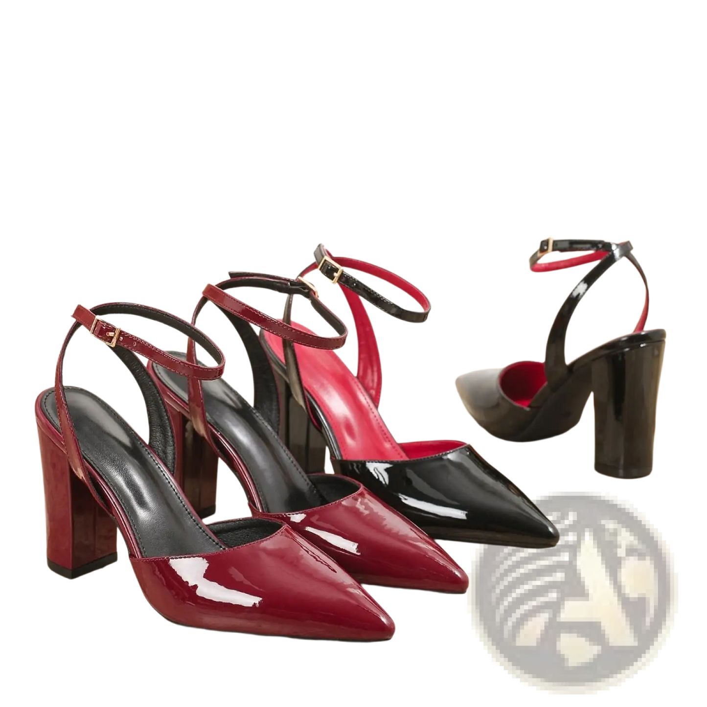 Pointed Toe Ankle Strap Chunky Heel Pumps