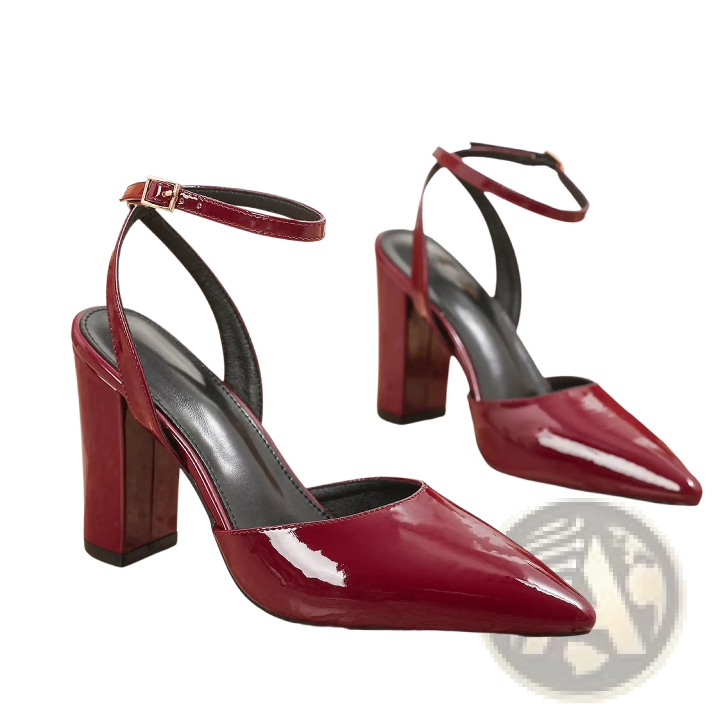 Pointed Toe Ankle Strap Chunky Heel Pumps
