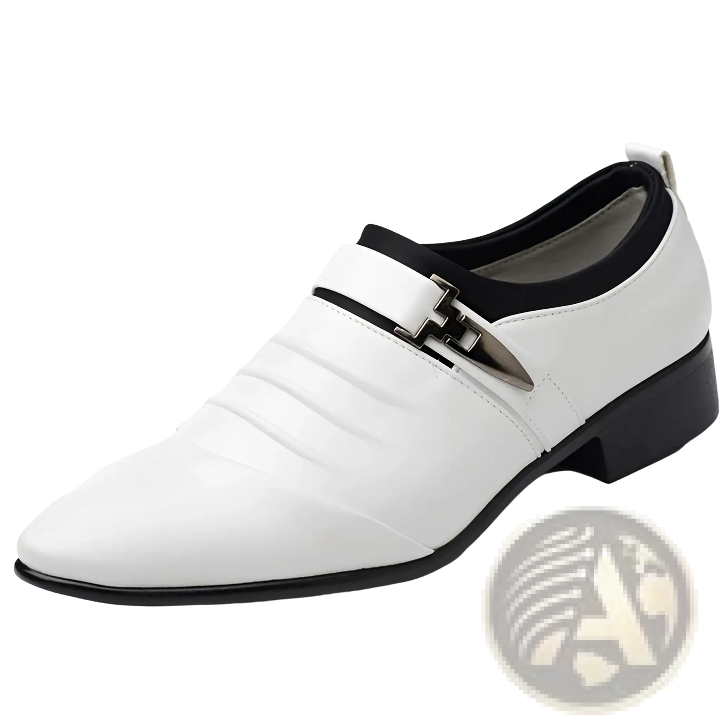 Pointed White Leather Formal Shoes with Silver Buckle