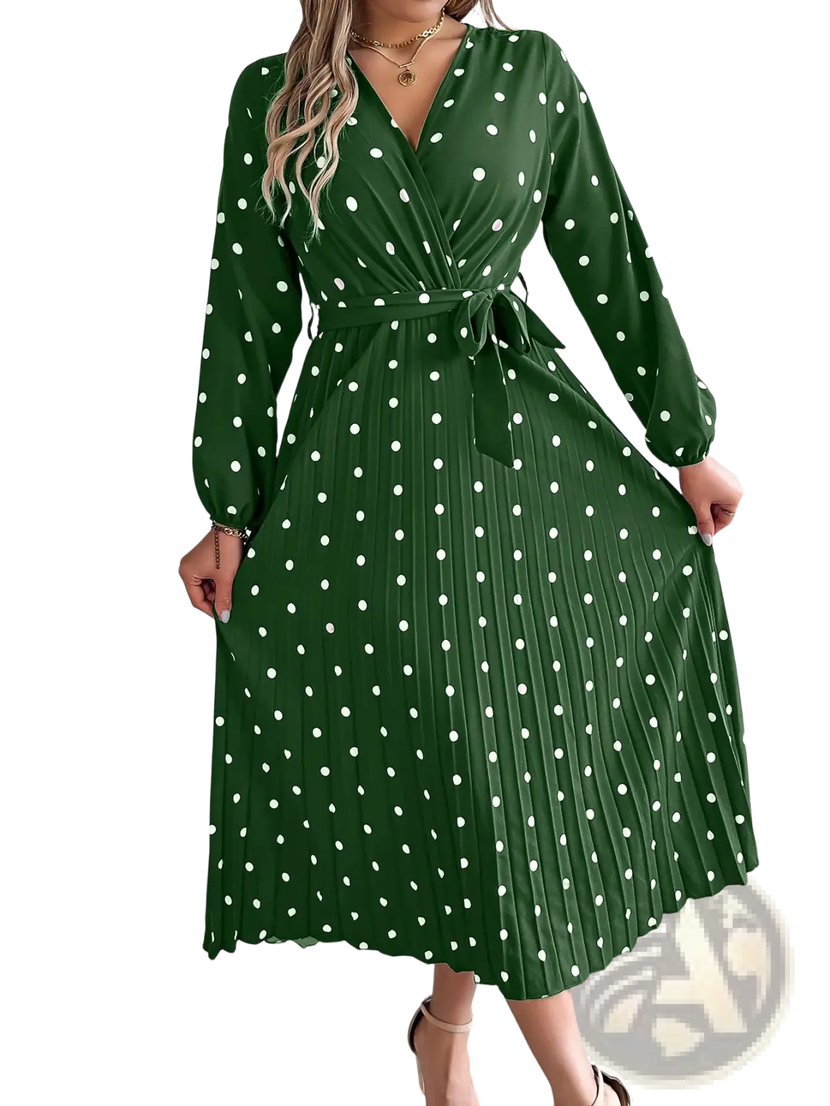 Polka Dot Pleated v Neck Long Sleeve Maxi Dress