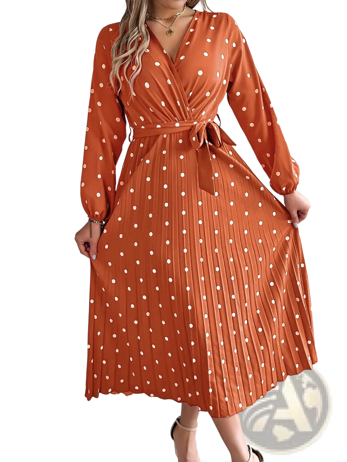 Polka Dot Pleated v Neck Long Sleeve Maxi Dress
