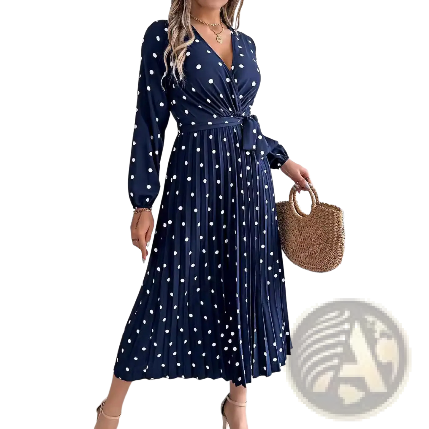 Polka Dot Pleated v Neck Long Sleeve Maxi Dress