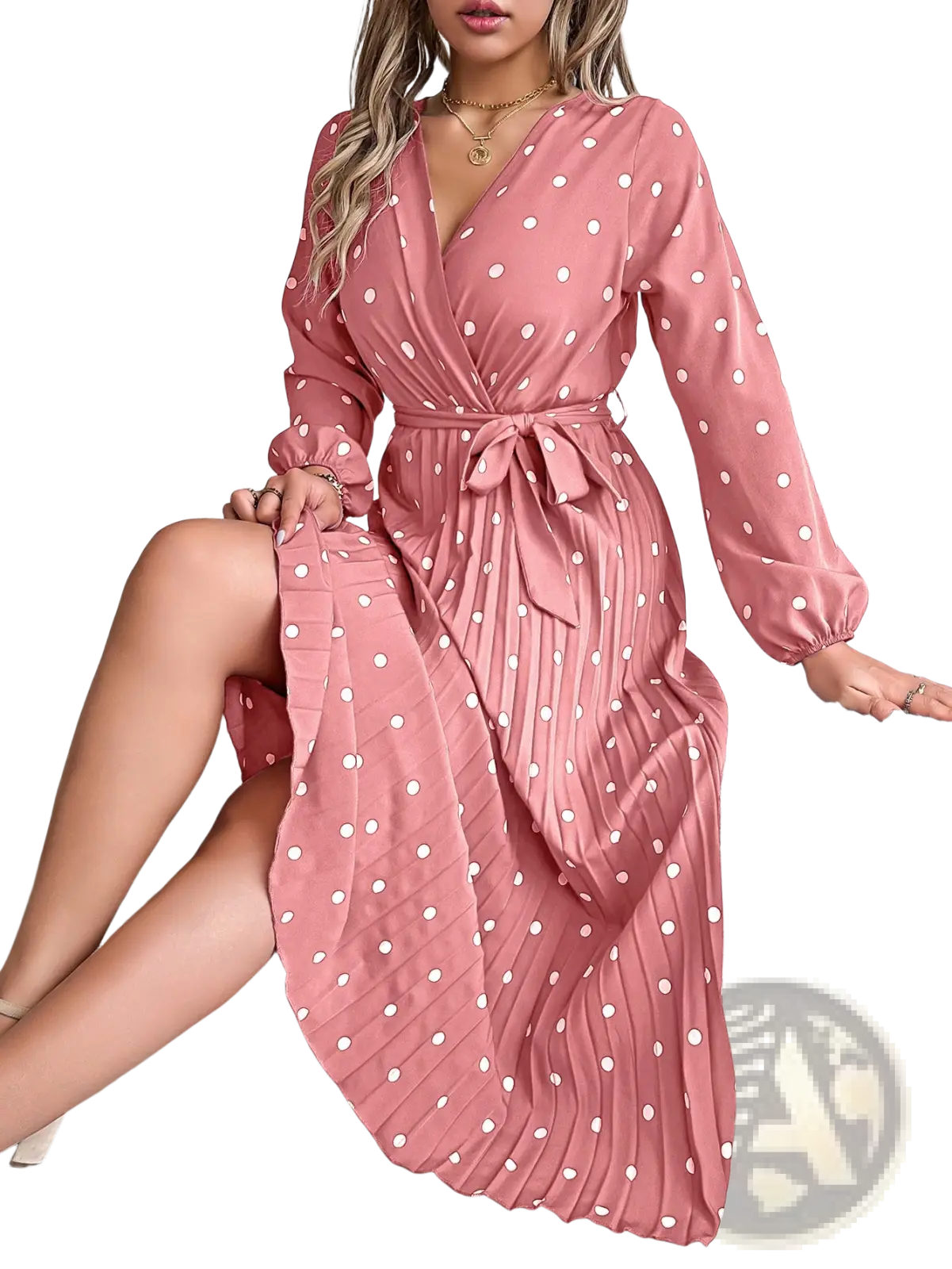 Polka Dot Pleated v Neck Long Sleeve Maxi Dress