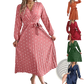 Polka Dot Pleated v Neck Long Sleeve Maxi Dress