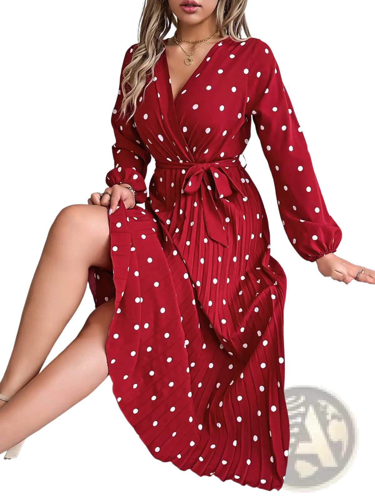 Polka Dot Pleated v Neck Long Sleeve Maxi Dress