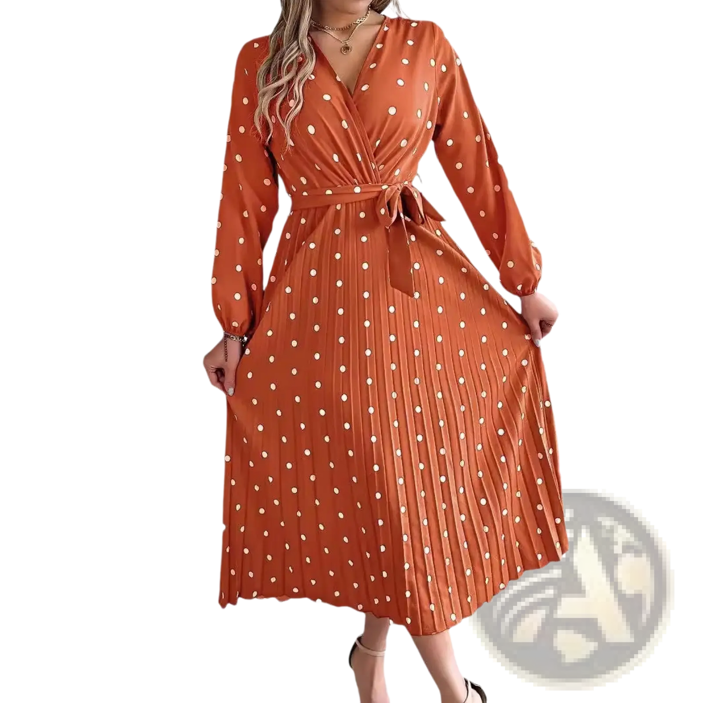 Polka Dot Pleated v Neck Long Sleeve Maxi Dress