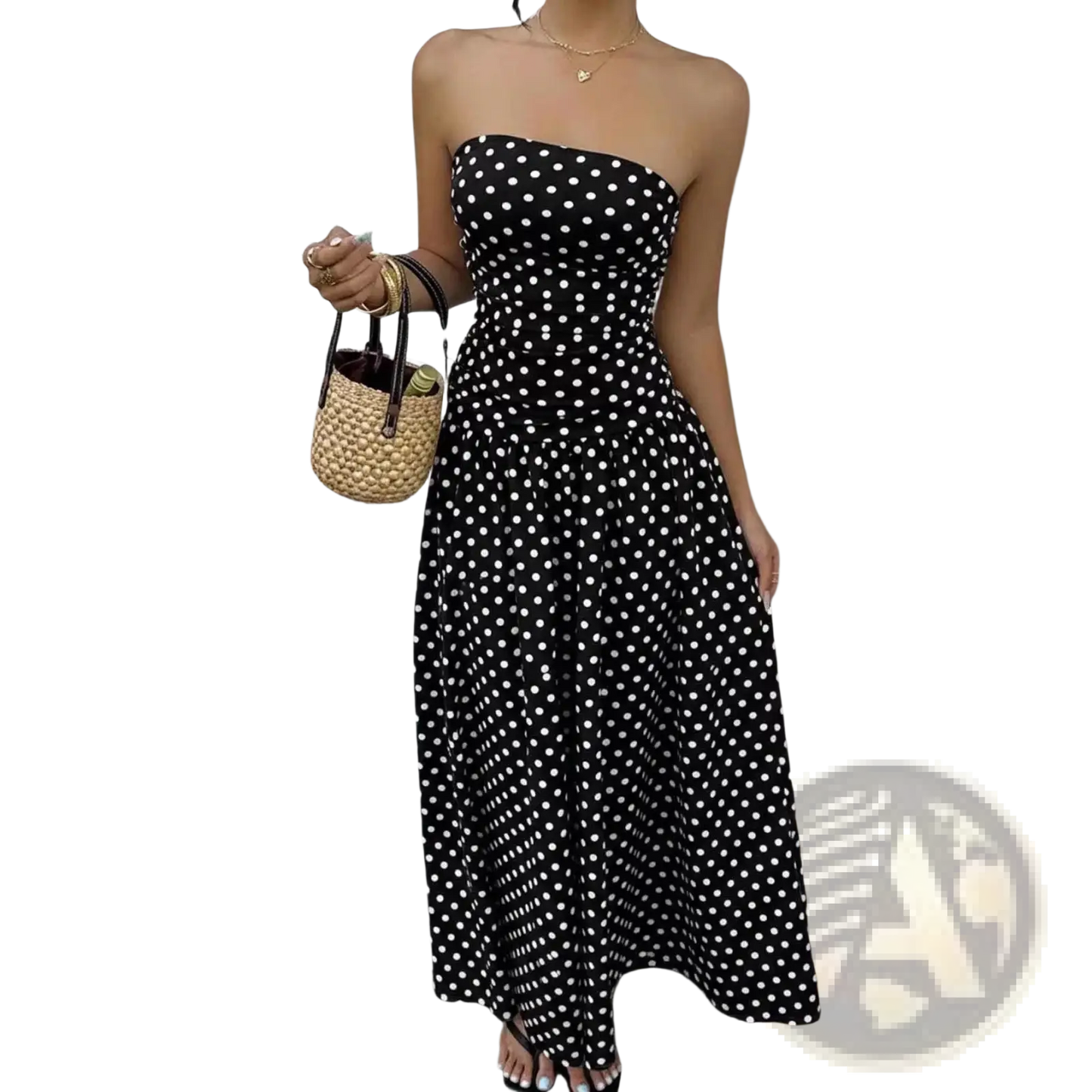 Polka Dot off Shoulder Strapless Maxi Dress