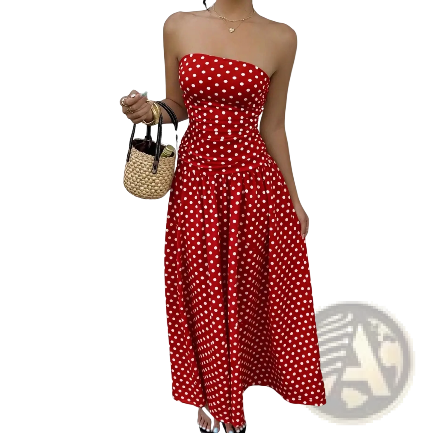Polka Dot off Shoulder Strapless Maxi Dress