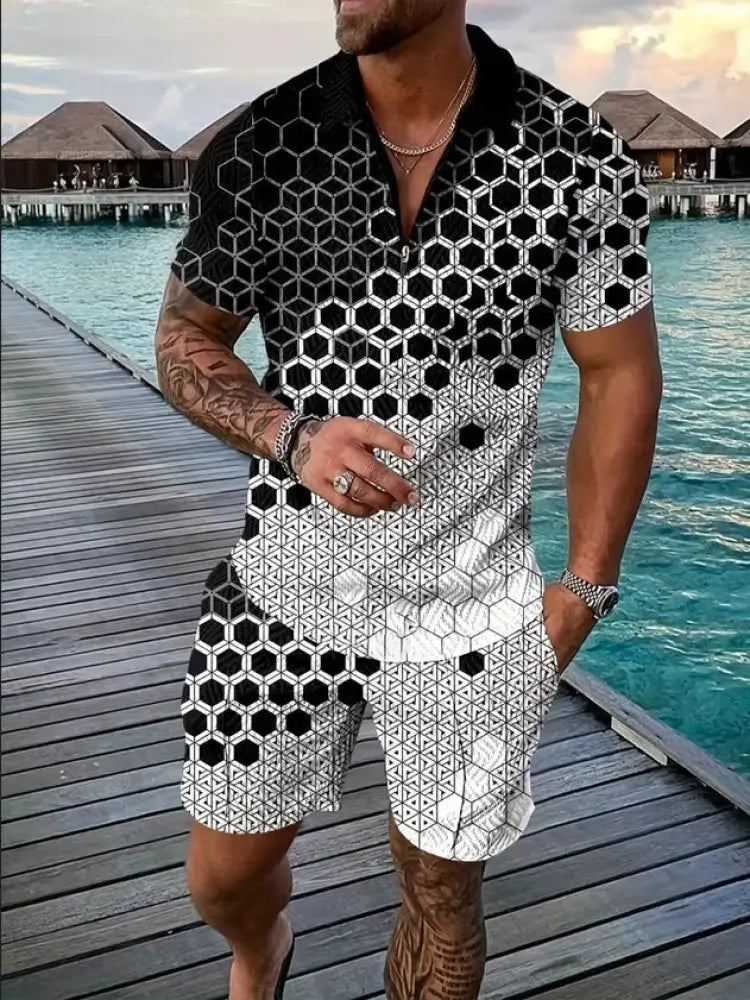 Men's Geometric Pattern Polo and Shorts Performance Set