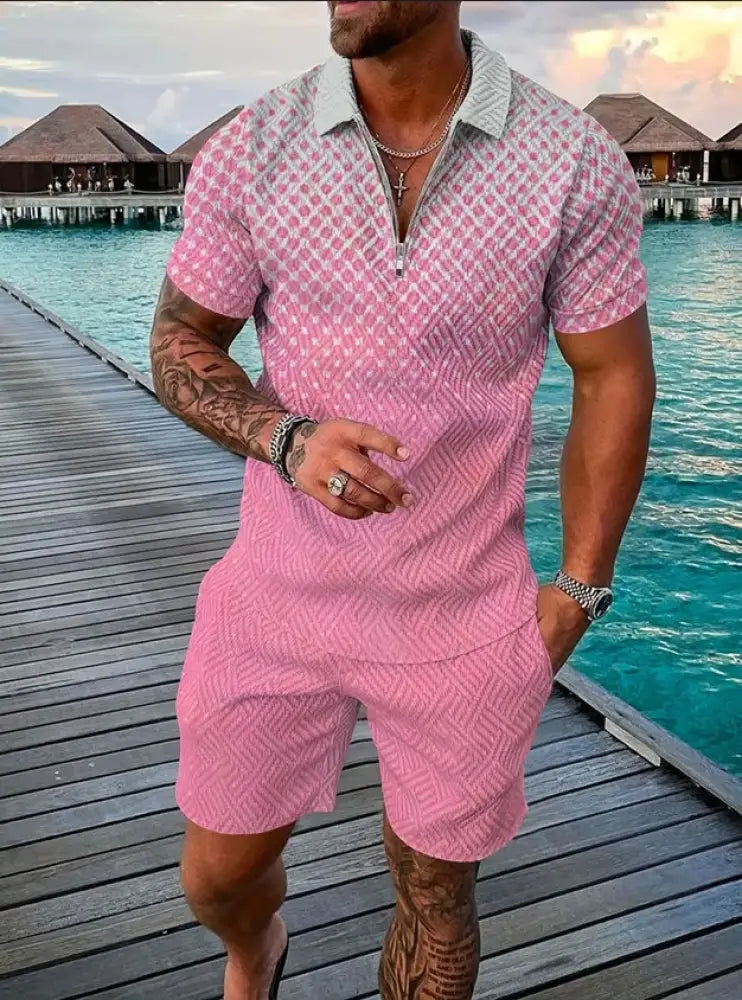 Men's Geometric Pattern Polo and Shorts Performance Set