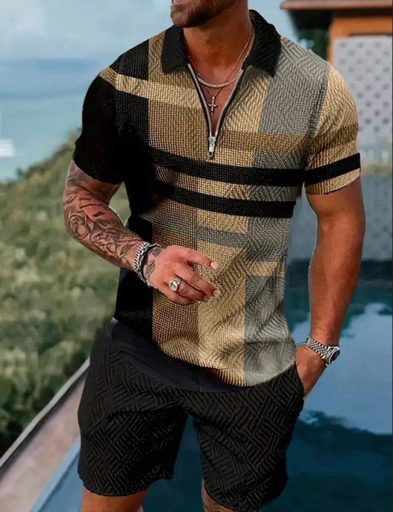 Men's Geometric Pattern Polo and Shorts Performance Set
