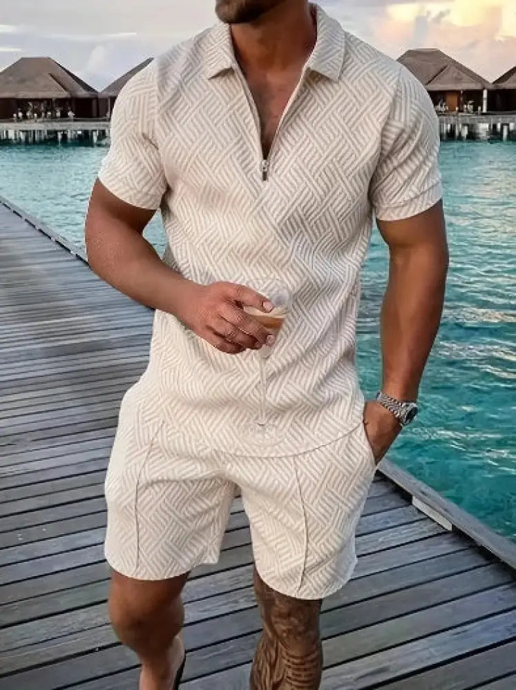 Men's Geometric Pattern Polo and Shorts Performance Set