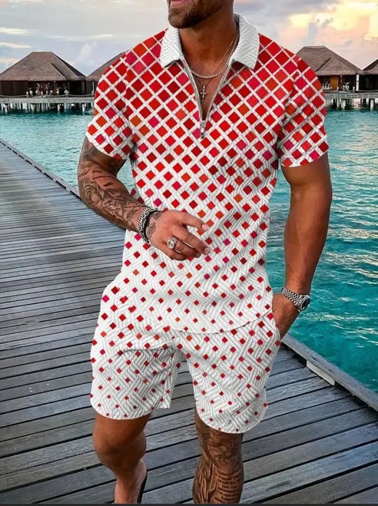 Men's Geometric Pattern Polo and Shorts Performance Set