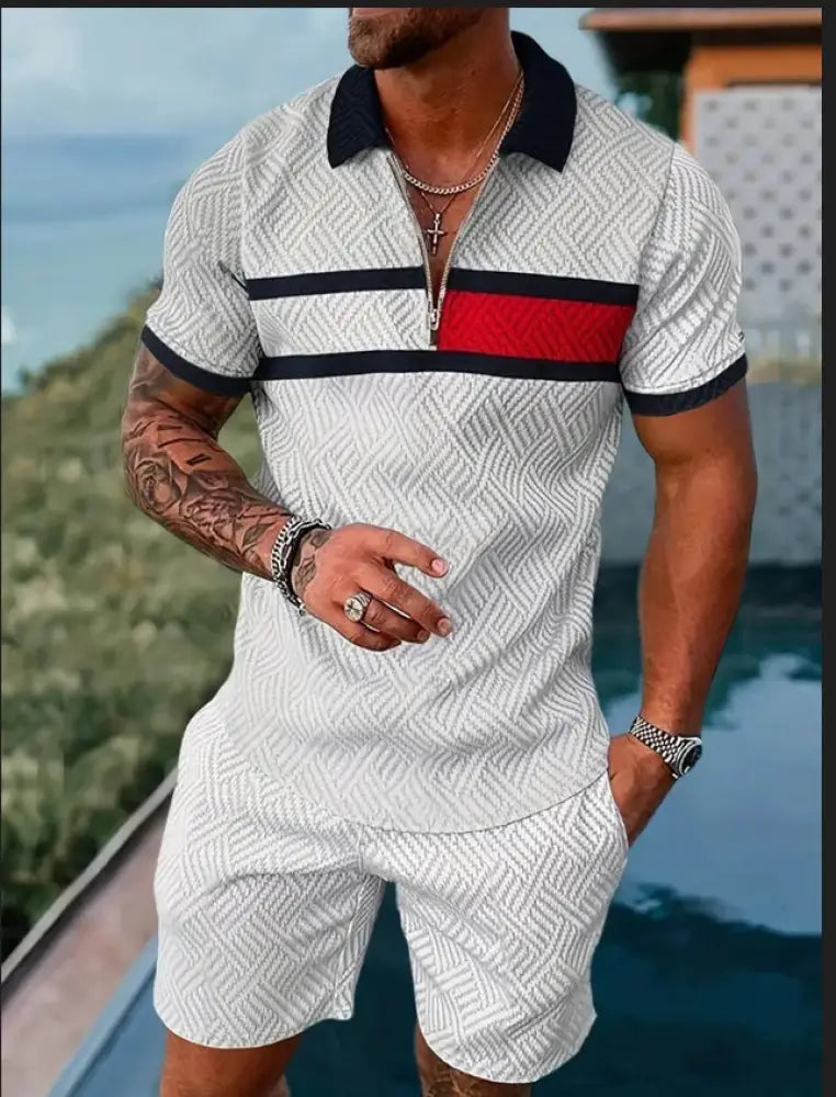 Men's Geometric Pattern Polo and Shorts Performance Set